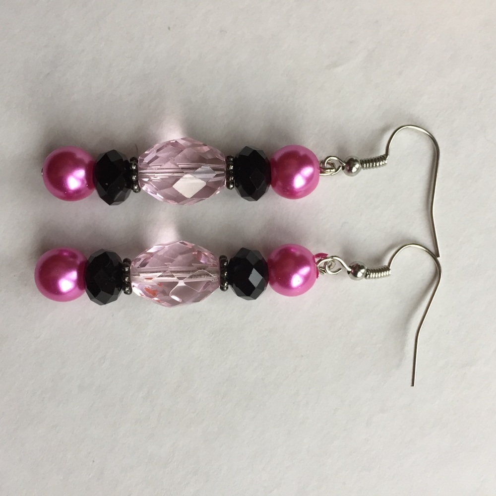 Faceted crystal pink black long bead earrings